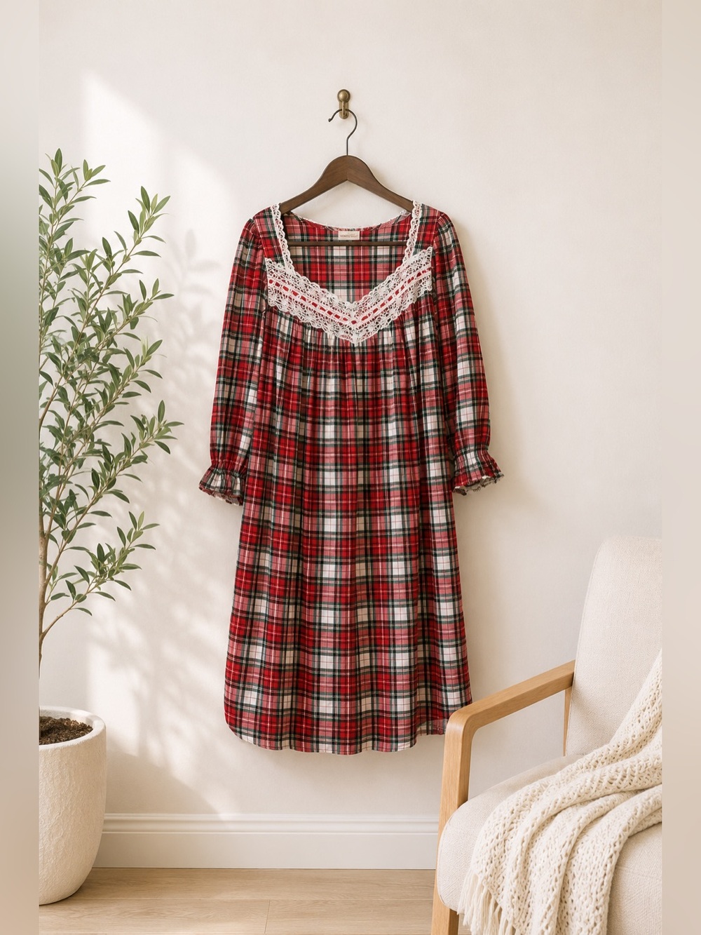 Vintage Red Plaid Flannel Traditional‎ Nightgown Lace Sz M Nap Dress Cottagecore